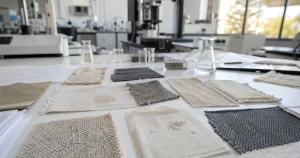 Textilprover på testbord i laboratorium med kemisk analysutrustning